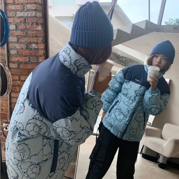 Cartoon Bear Print Oversized Jacket Loose Crop Puffer and Korean Knitted Beanie - Picture 10 of 14